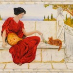 Femme au chat sur un banc en marbre (trompe l'oeil)